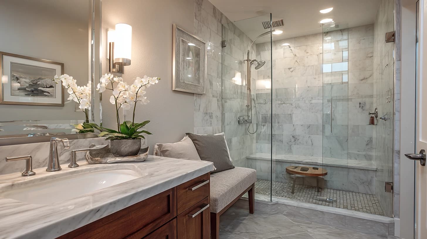 Elegant spa bathroom with marble walk-in shower and wood vanity