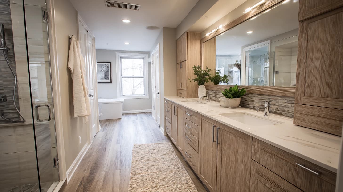Modern bathroom with light wood vanity and glass shower