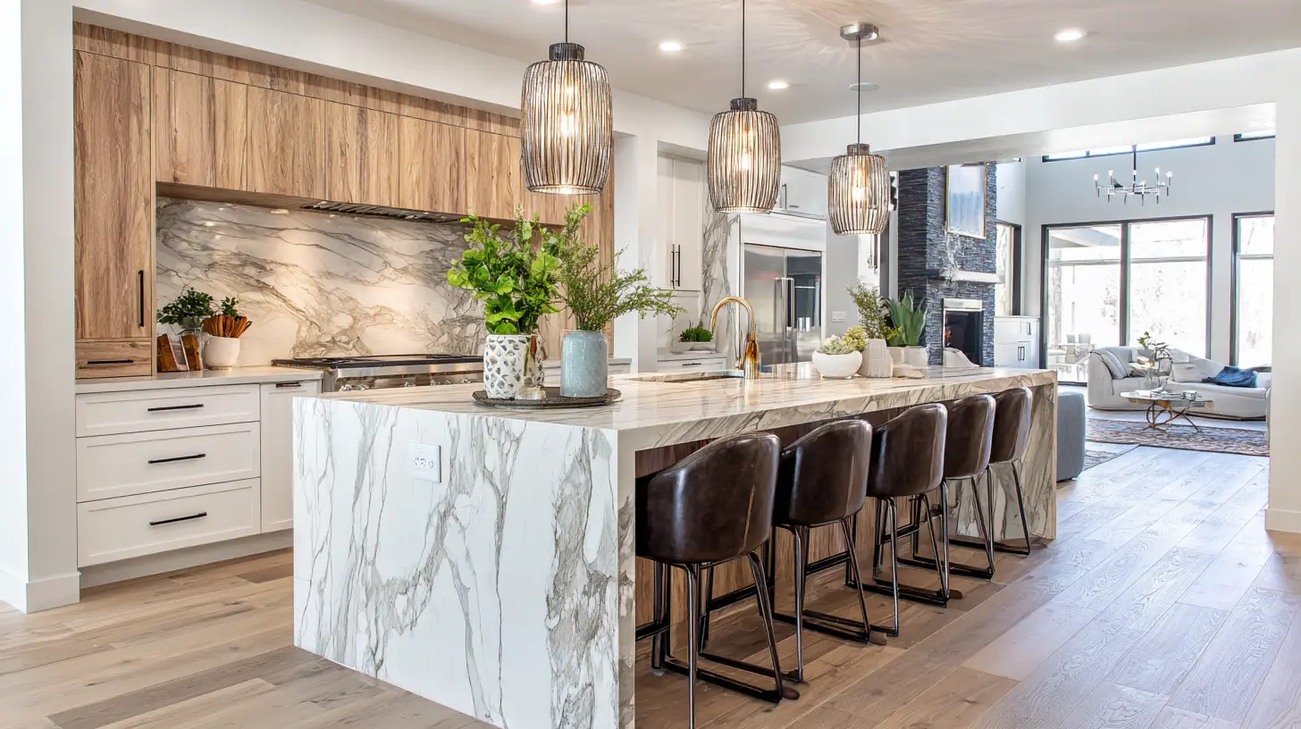 Luxury open concept kitchen with wood cabinets and marble island