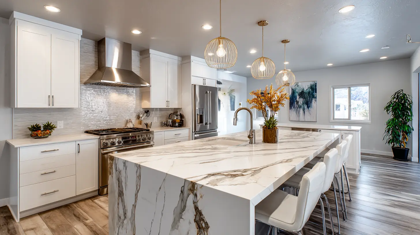 Contemporary kitchen with dramatic marble waterfall island and gold orb pendants