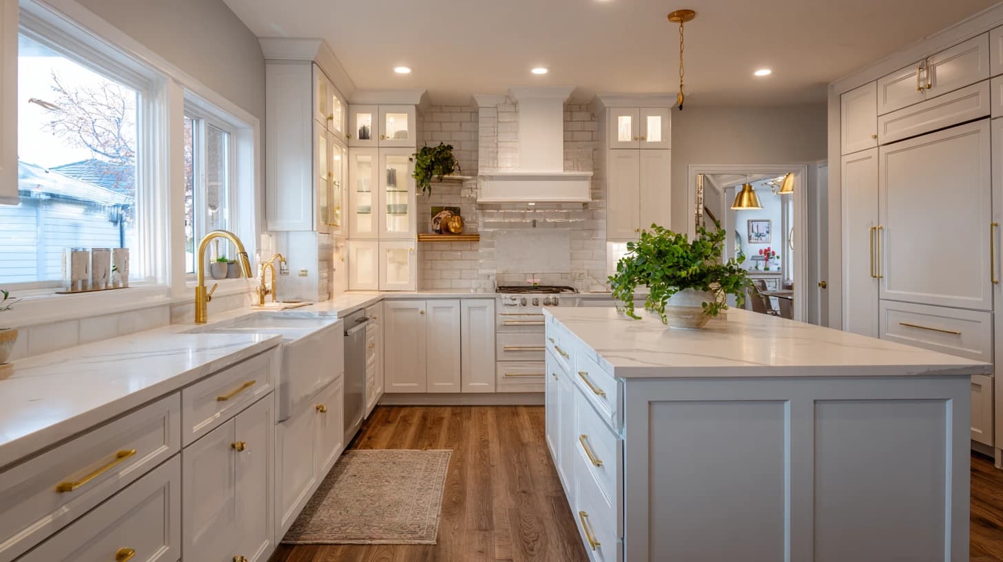 White kitchen with gold hardware and farmhouse sink