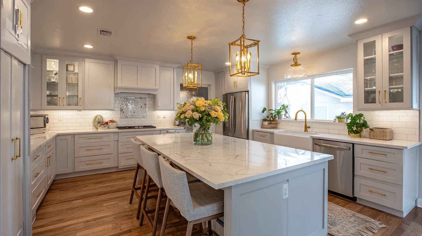 White kitchen with gold cage pendant lights and marble island