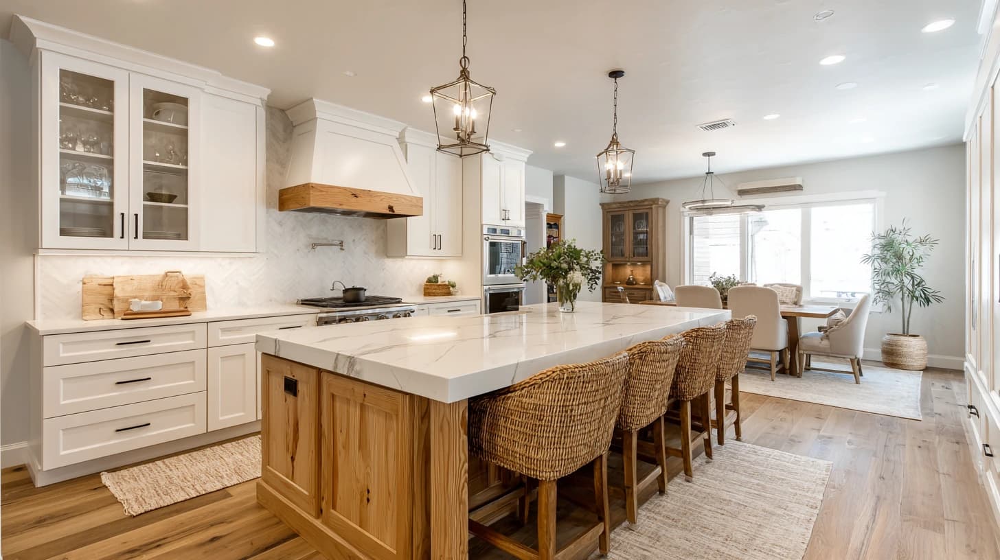 Farmhouse kitchen with wood island and lantern pendants