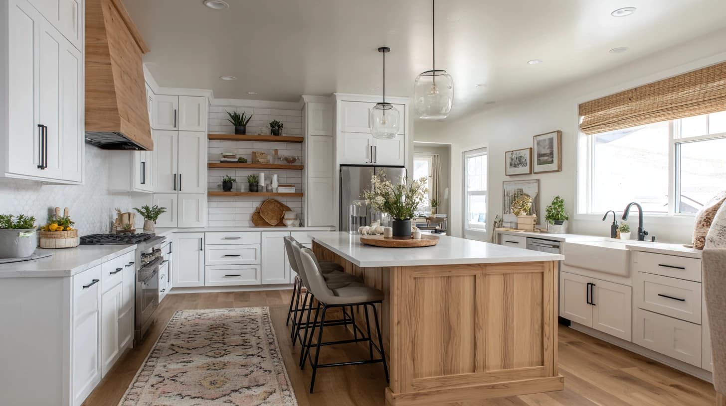 Farmhouse kitchen with open shelving and natural wood accents