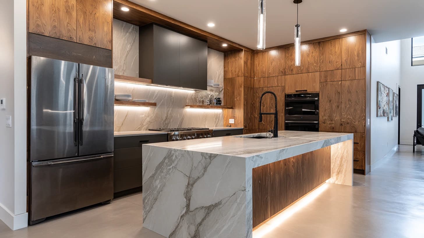 Modern luxury kitchen with walnut cabinets and marble island