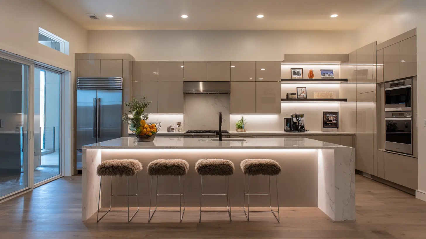 Modern kitchen with taupe flat-panel cabinets and LED lighting