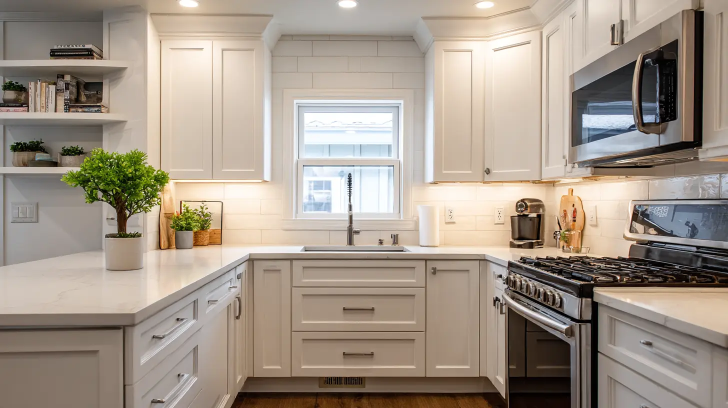 Classic white U-shaped kitchen with shaker cabinets